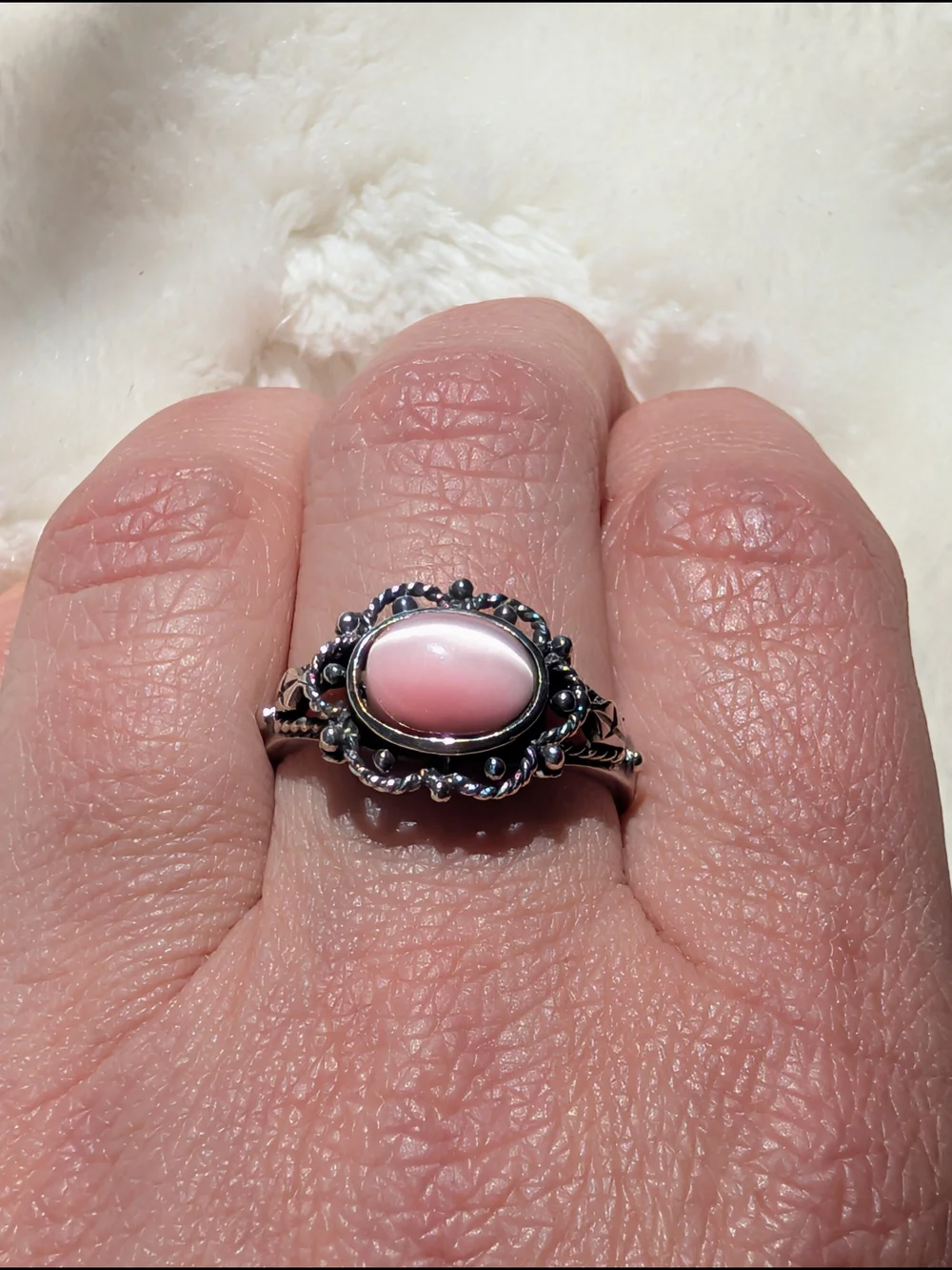 Sterling Silver Pink Cabochon Filigree Ring